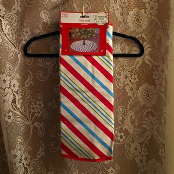 New Holiday Style‎ 38 inch Festive Red White Aqua Green Stripe Tree Skirt - Picture 1 of 6